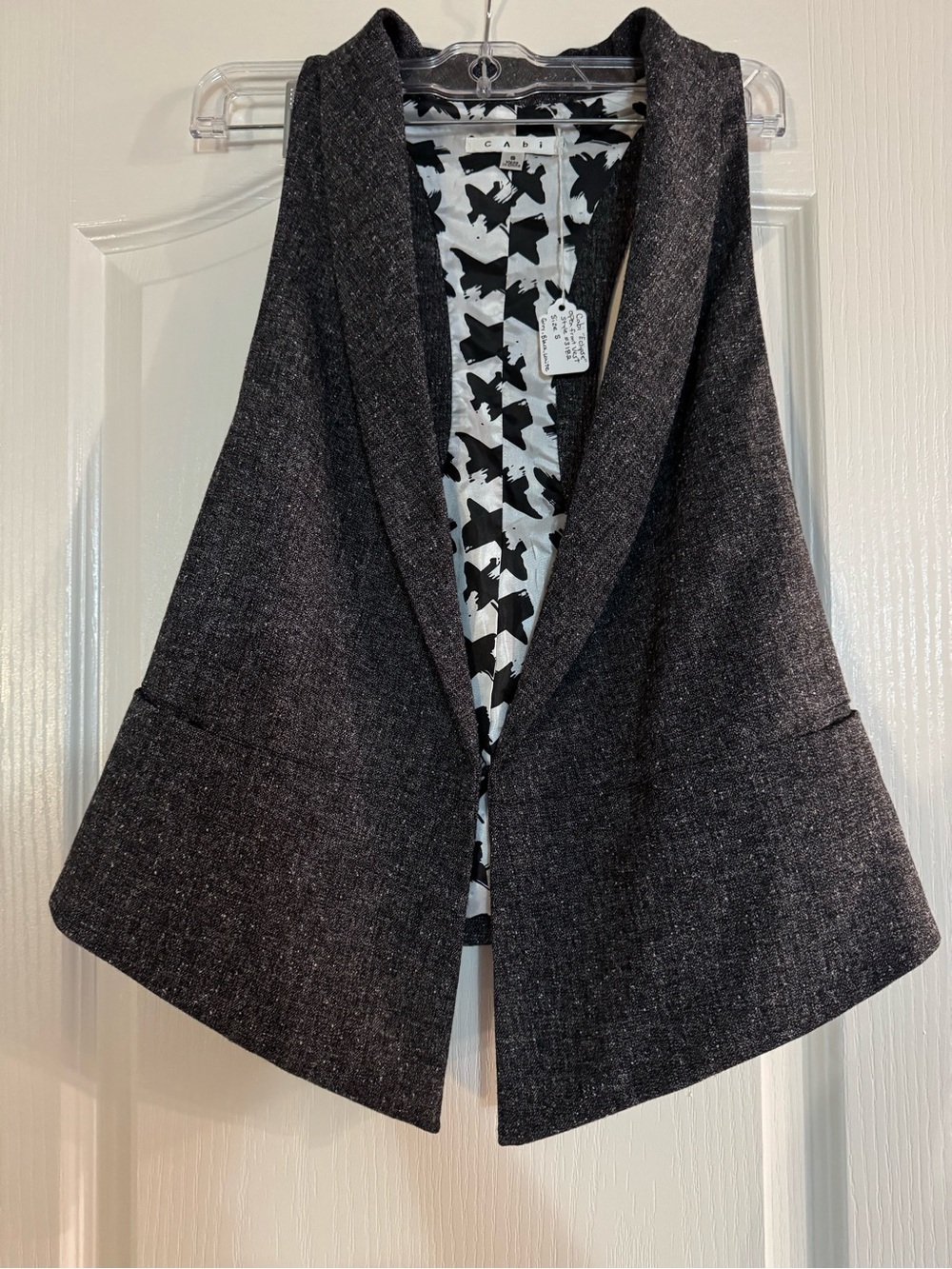 CAbi Eclipse Gray Tweed Open Front Vest Bird Lining 247 S